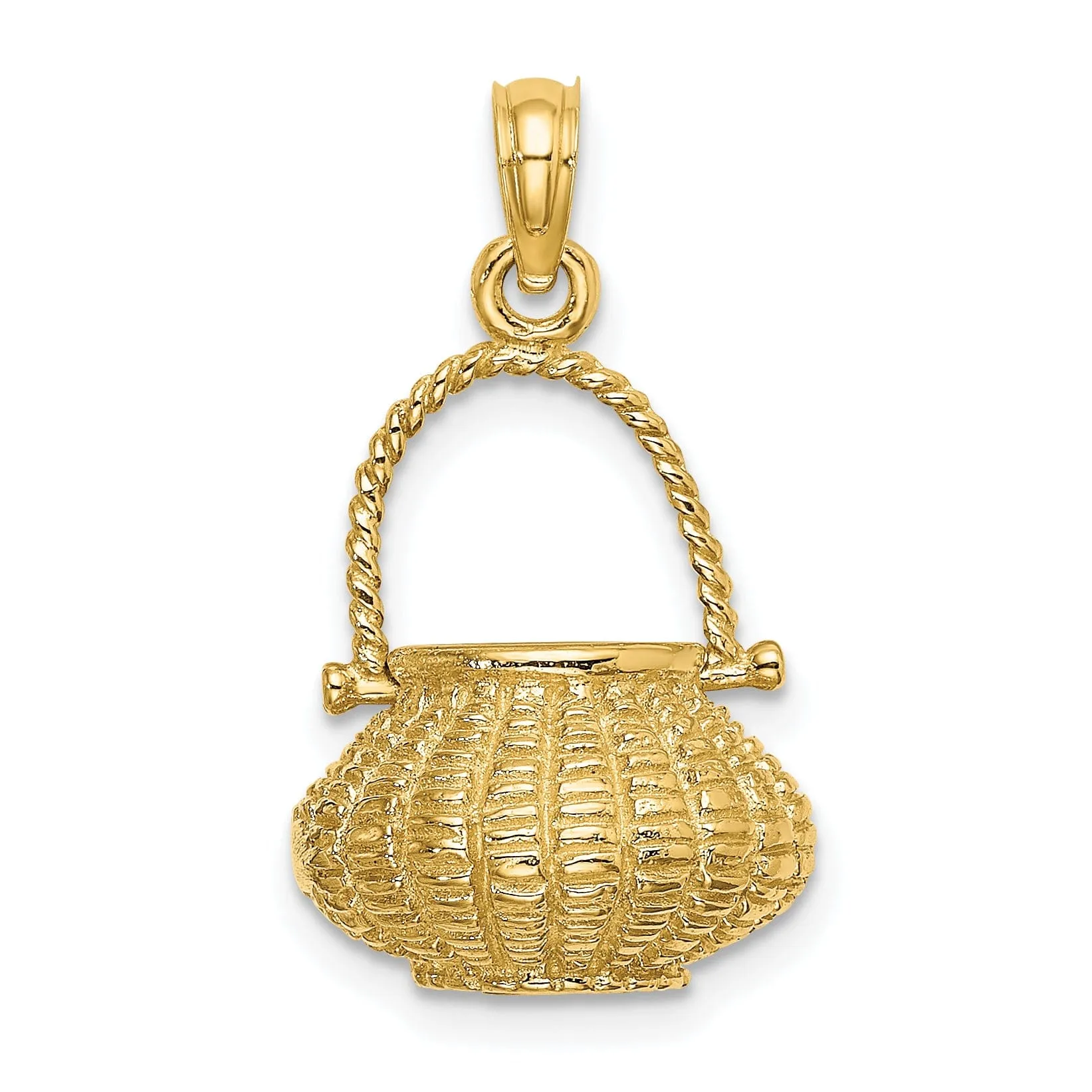 14K Yellow Gold Texture Finish 3-Dimensional Moveable Handle Flower Basket Charm Pendant