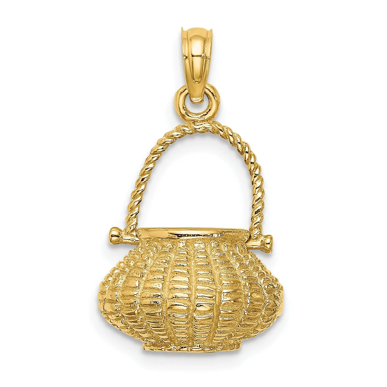 14K Yellow Gold Texture Finish 3-Dimensional Moveable Handle Flower Basket Charm Pendant