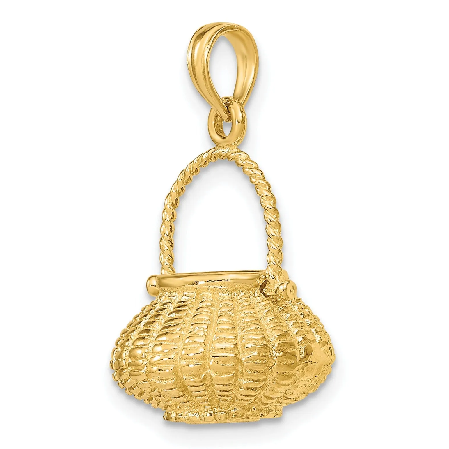 14K Yellow Gold Texture Finish 3-Dimensional Moveable Handle Flower Basket Charm Pendant