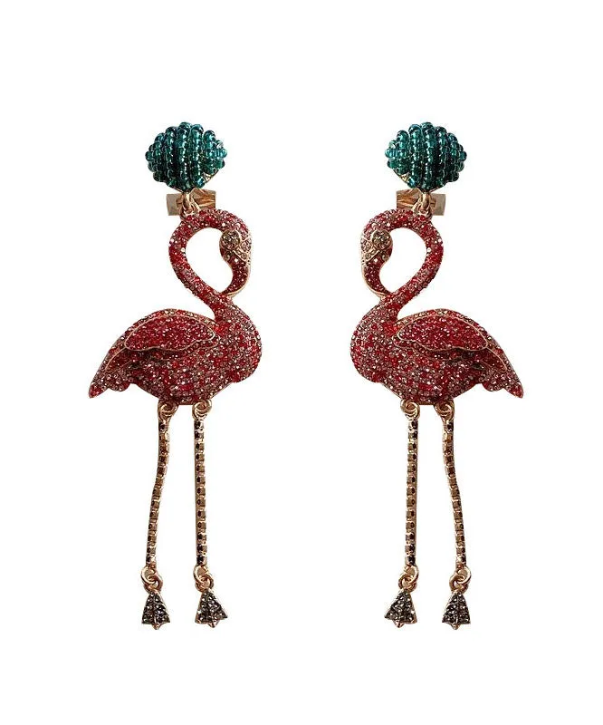 Beautiful Pink Flamingo Zircon Tassel Silver Drop Earrings