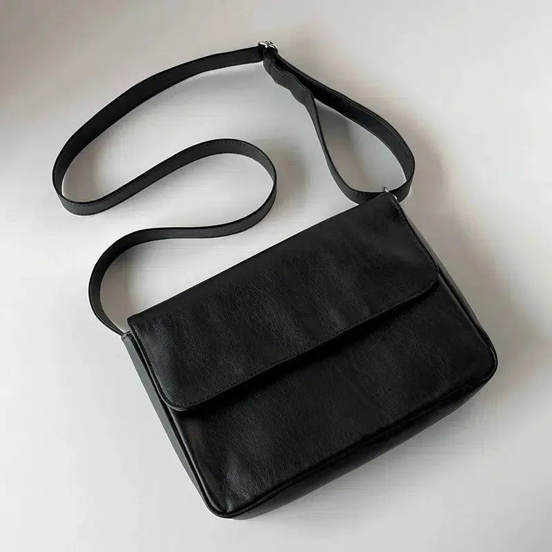 Black Leather Flap Shoulder Bag