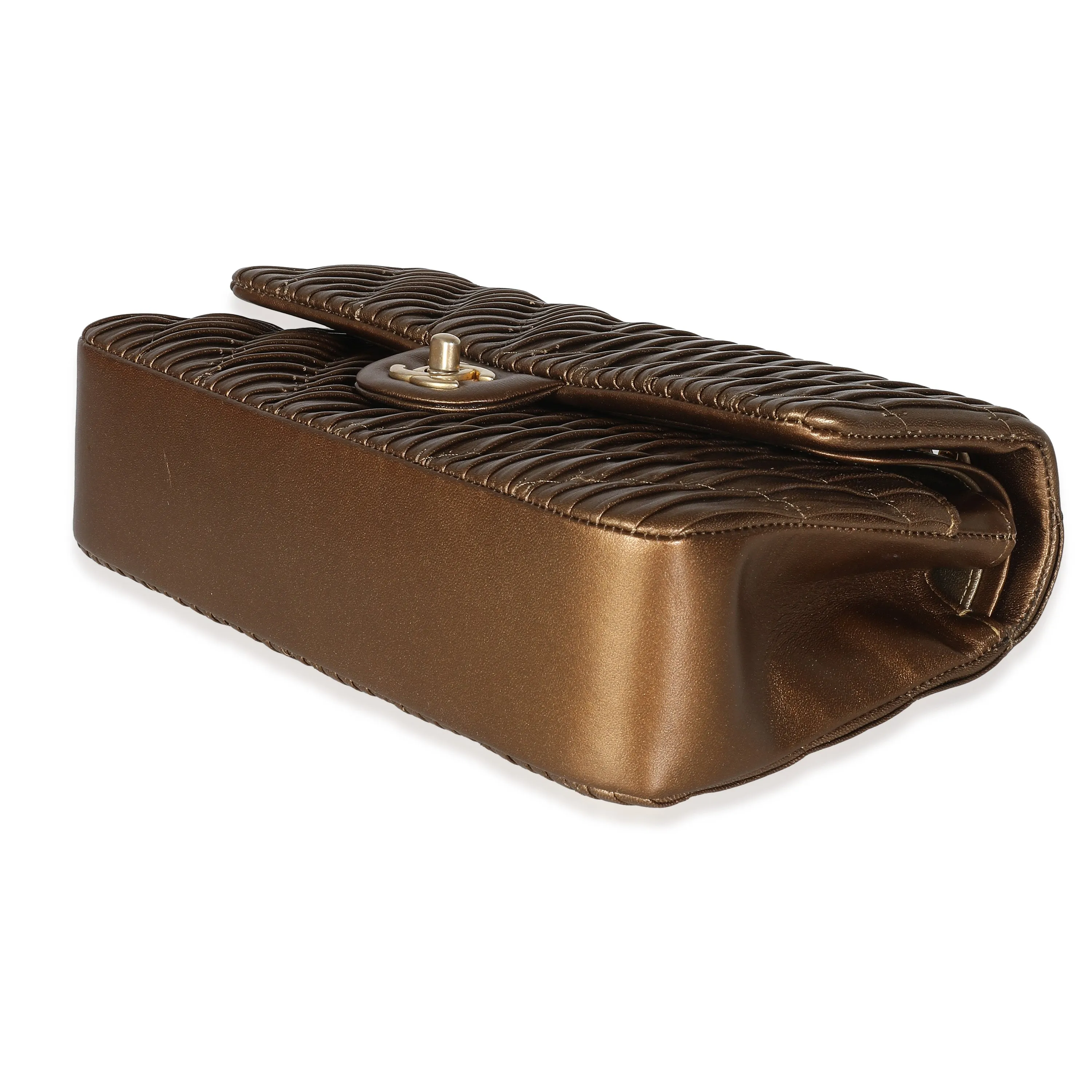 CHANEL 18C Bronze Chevron Pleated Calfskin Medium Classic Double Flap Bag