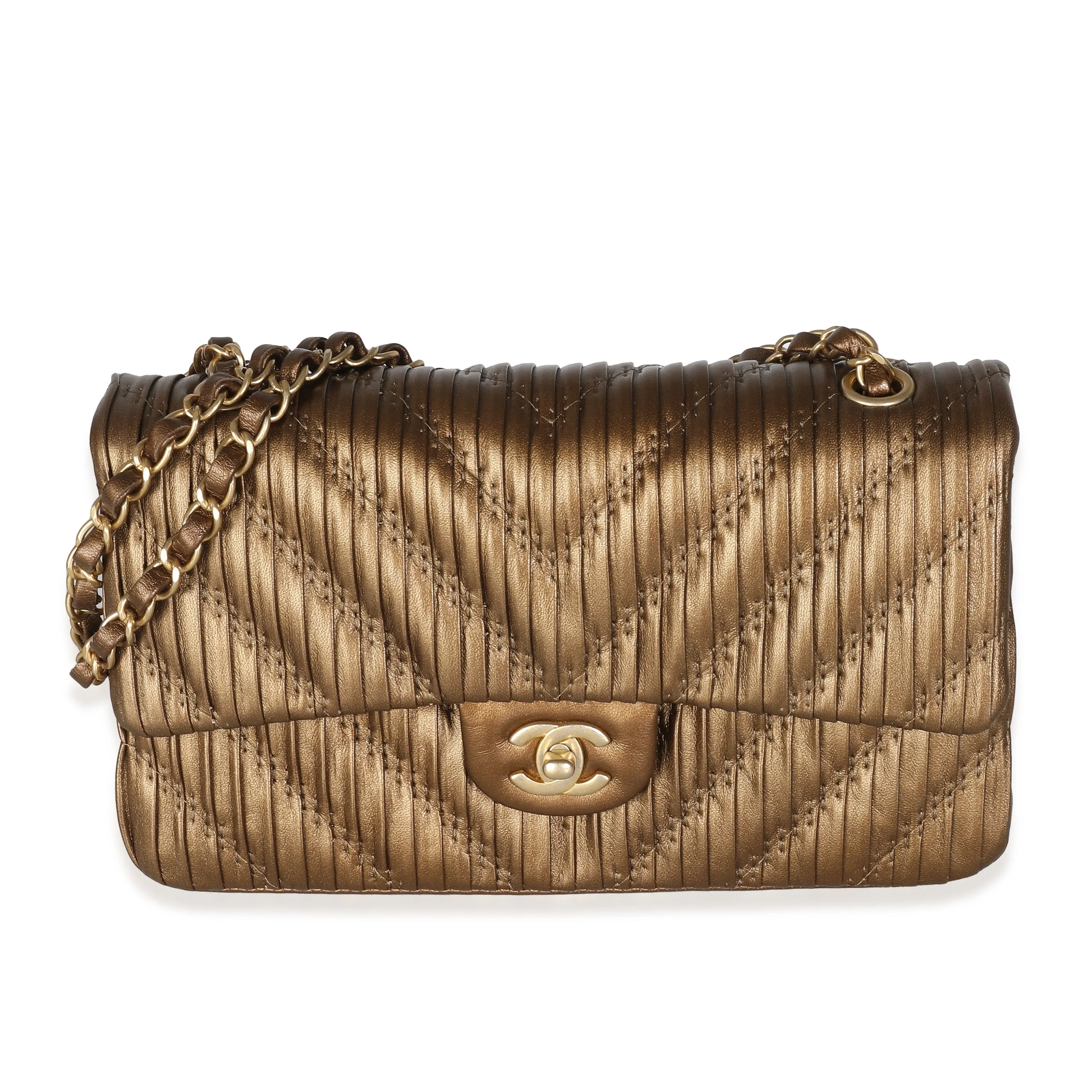 CHANEL 18C Bronze Chevron Pleated Calfskin Medium Classic Double Flap Bag