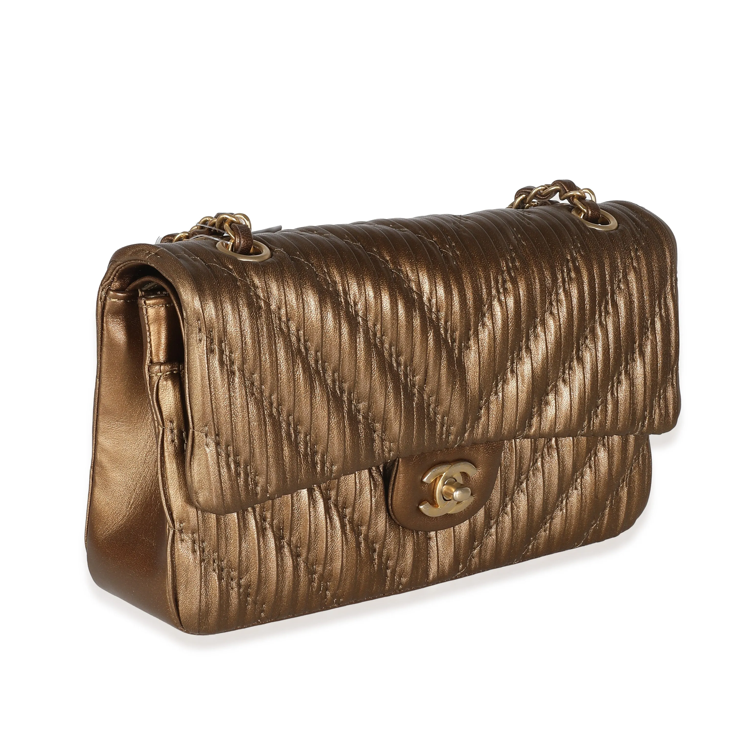 CHANEL 18C Bronze Chevron Pleated Calfskin Medium Classic Double Flap Bag