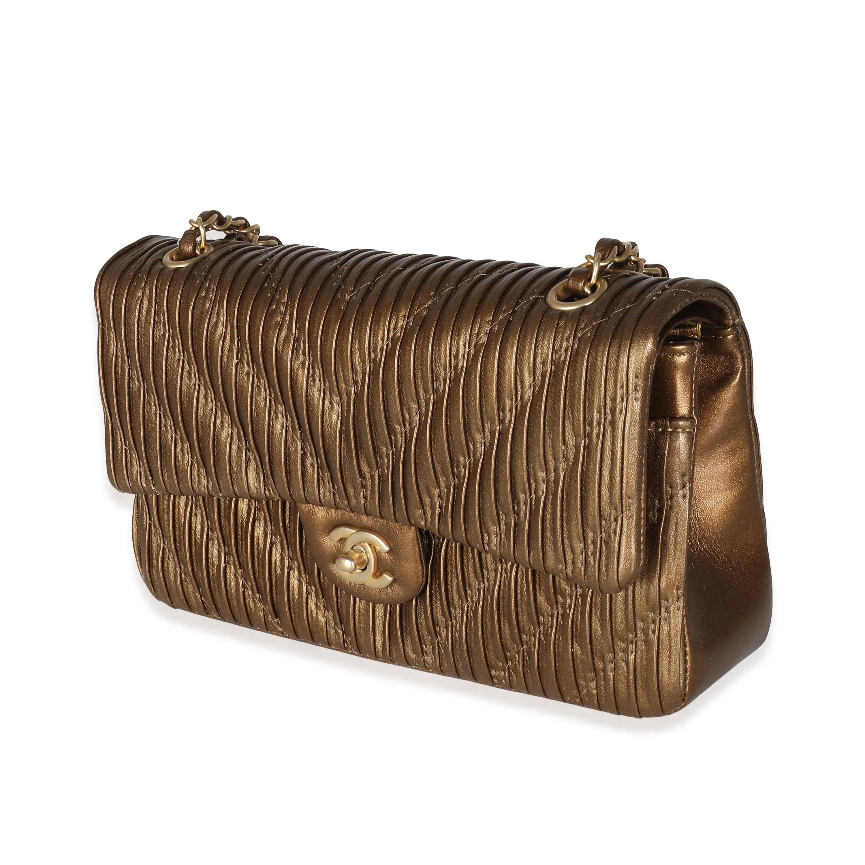 CHANEL 18C Bronze Chevron Pleated Calfskin Medium Classic Double Flap Bag