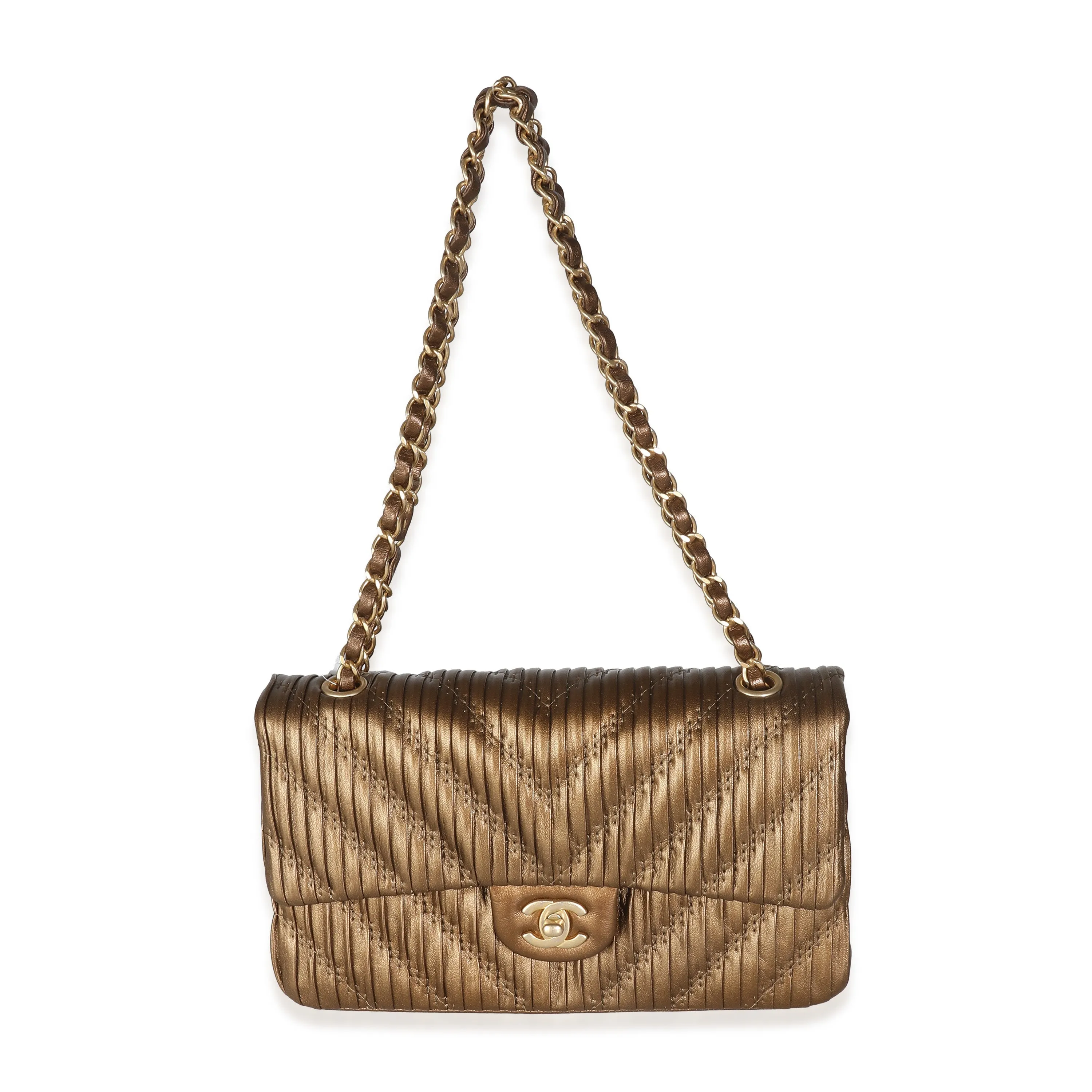 CHANEL 18C Bronze Chevron Pleated Calfskin Medium Classic Double Flap Bag