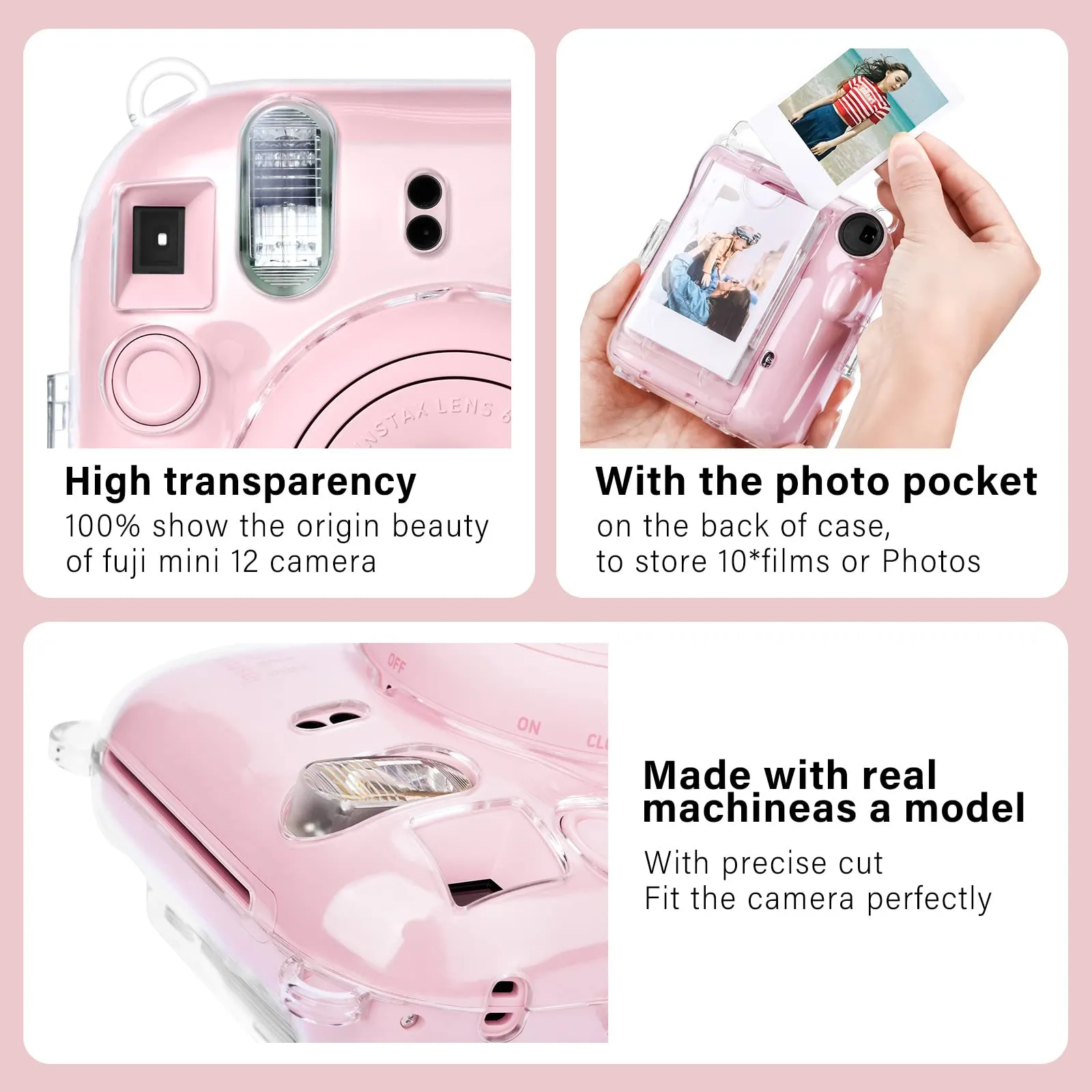 Clear Case Compatible with Fujifilm Mini 12 Instant Camera, Hard PC Cover with Adjustable Strap and Pocket & Decorative sticker - Pink