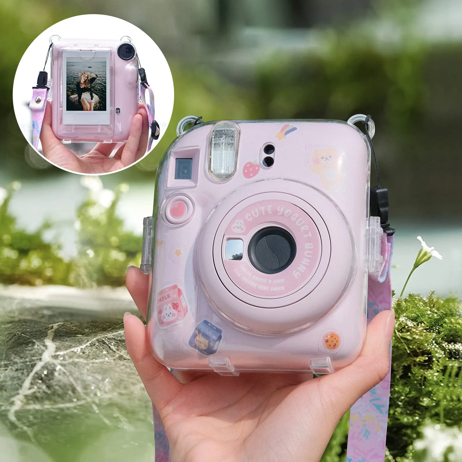 Clear Case Compatible with Fujifilm Mini 12 Instant Camera, Hard PC Cover with Adjustable Strap and Pocket & Decorative sticker - Pink