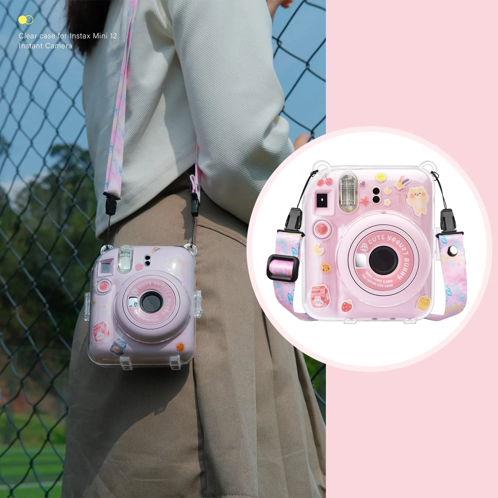 Clear Case Compatible with Fujifilm Mini 12 Instant Camera, Hard PC Cover with Adjustable Strap and Pocket & Decorative sticker - Pink