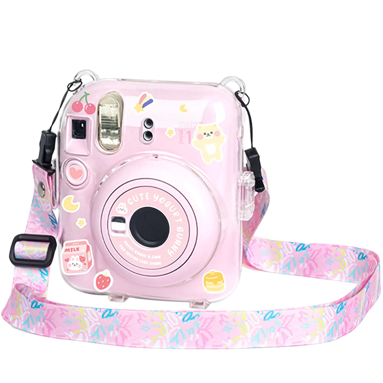 Clear Case Compatible with Fujifilm Mini 12 Instant Camera, Hard PC Cover with Adjustable Strap and Pocket & Decorative sticker - Pink