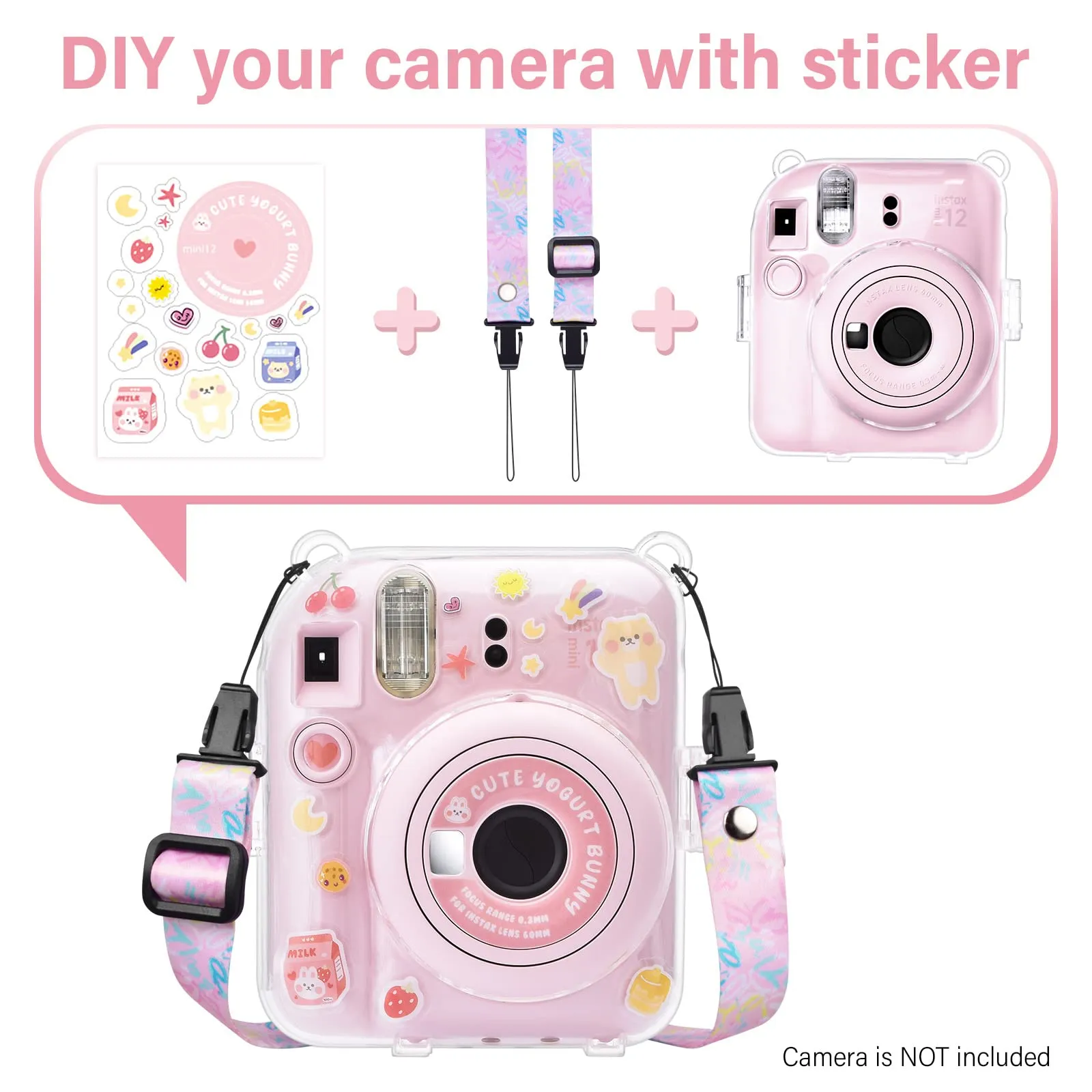 Clear Case Compatible with Fujifilm Mini 12 Instant Camera, Hard PC Cover with Adjustable Strap and Pocket & Decorative sticker - Pink