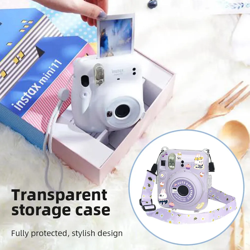 Clear Case Compatible with Fujifilm Mini 12 Instant Camera, Hard PC Cover with Adjustable Strap and Pocket & Decorative sticker - Pink