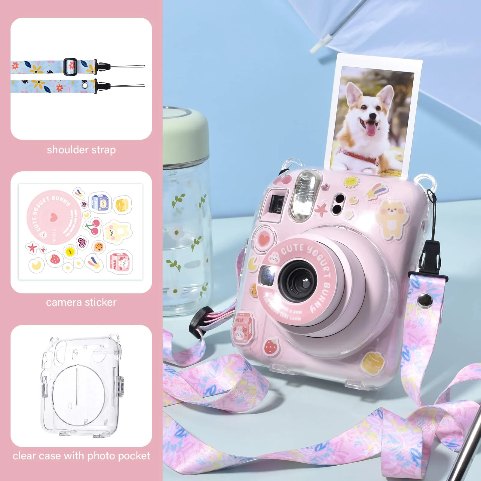 Clear Case Compatible with Fujifilm Mini 12 Instant Camera, Hard PC Cover with Adjustable Strap and Pocket & Decorative sticker - Pink