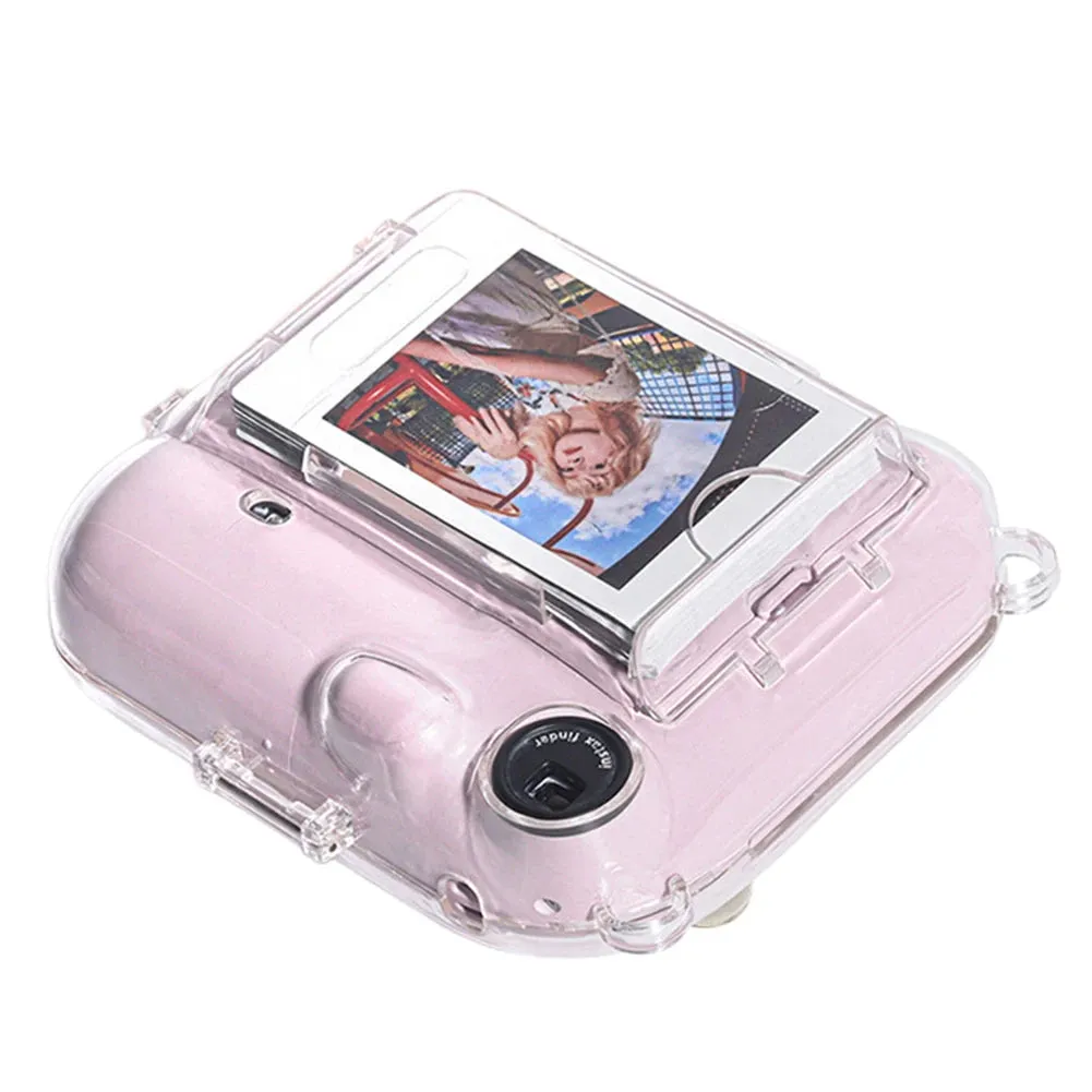 Clear Case Compatible with Fujifilm Mini 12 Instant Camera, Hard PC Cover with Adjustable Strap and Pocket & Decorative sticker - Pink