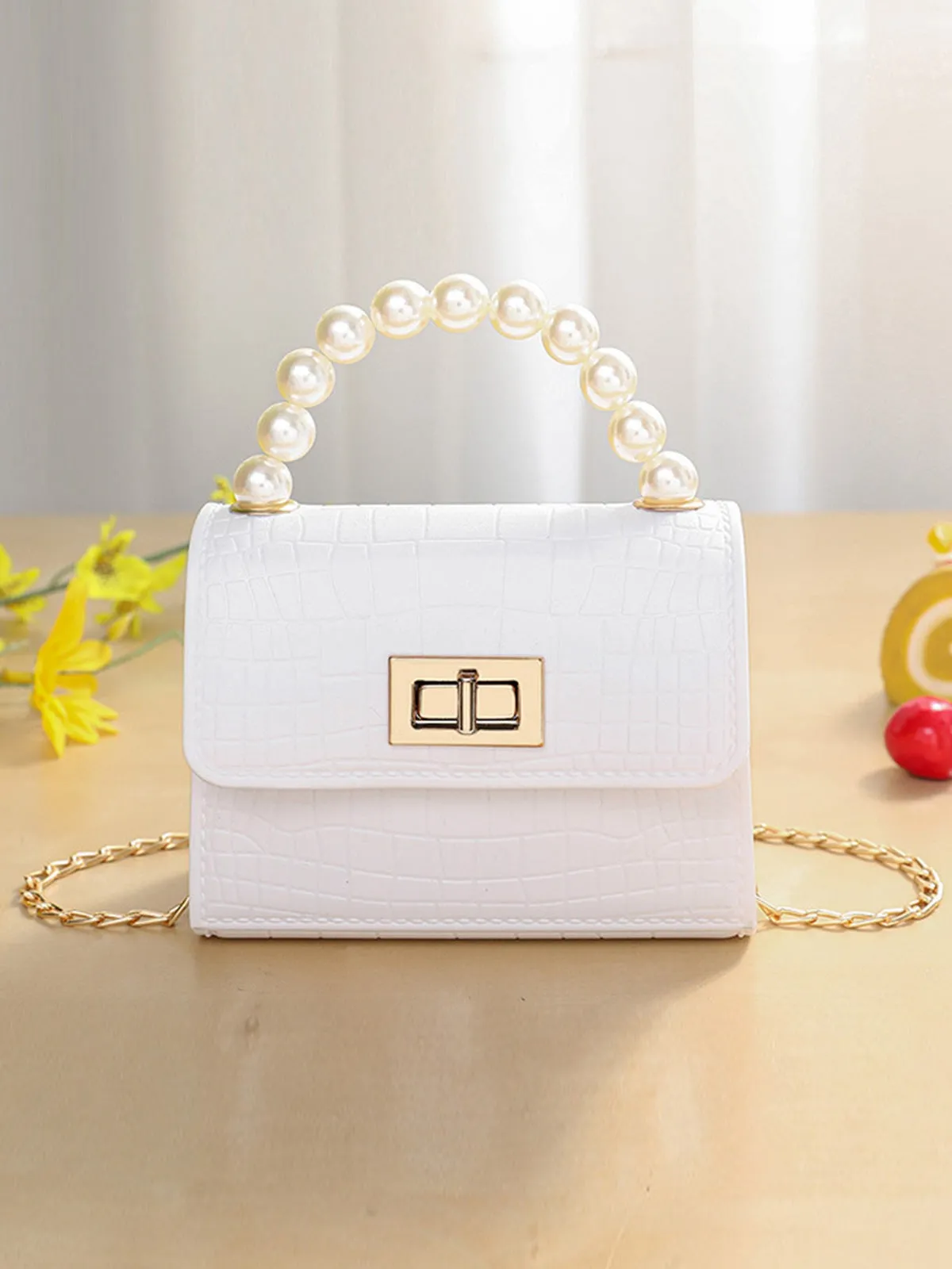 Crocodile Texture Leather Flap Handle Handbag