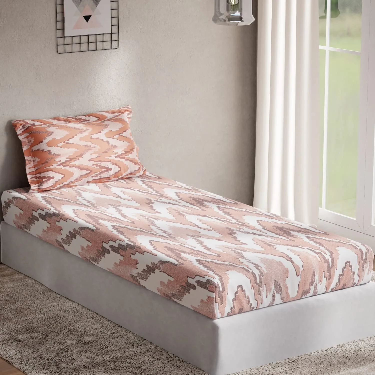 DDECOR - Pack of 1 Metro Abstract Cotton Single Bedsheet with 1 Pillow Cover - Orange