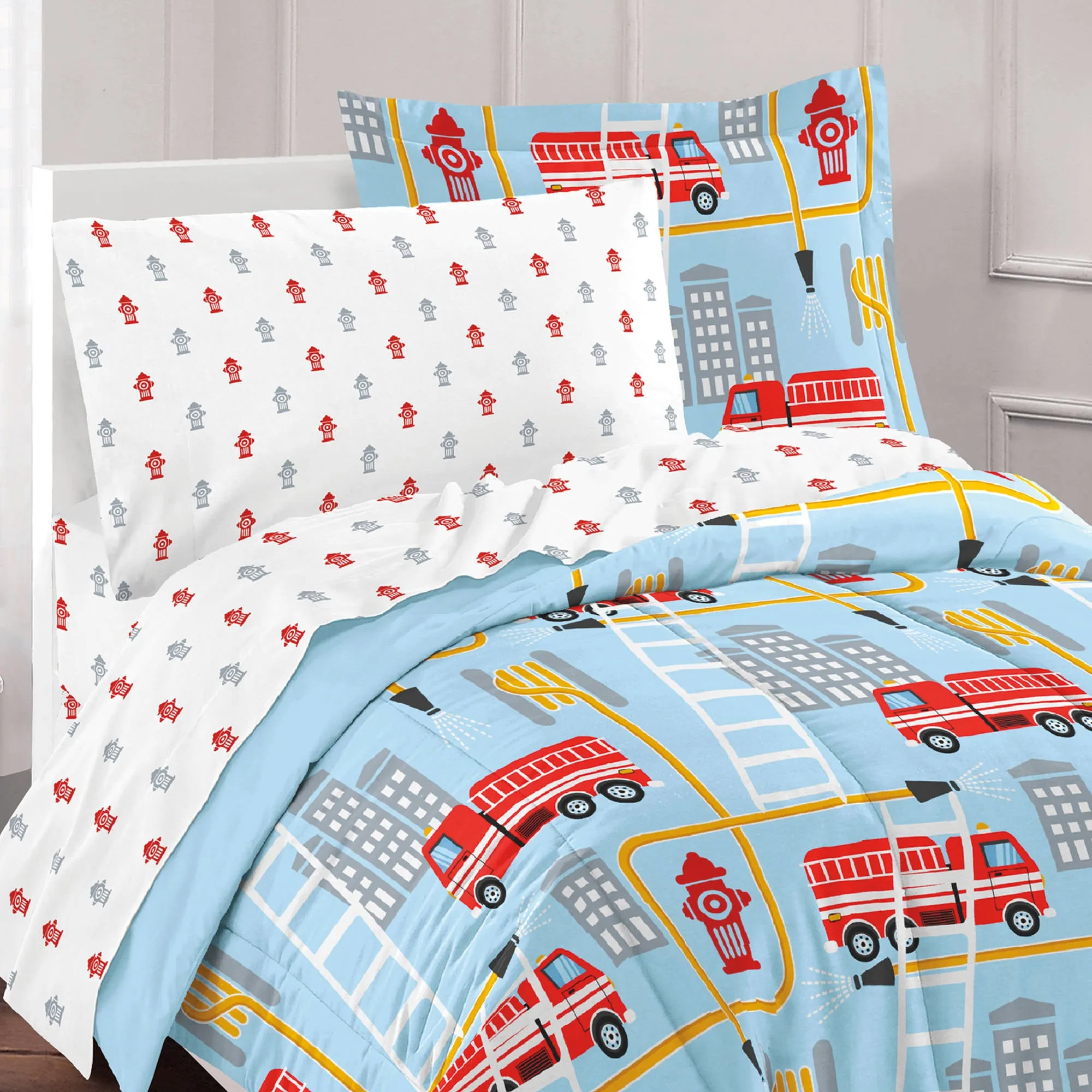 Dream Factory Fire Truck Bed In A Bag Comforter Set, Blue
