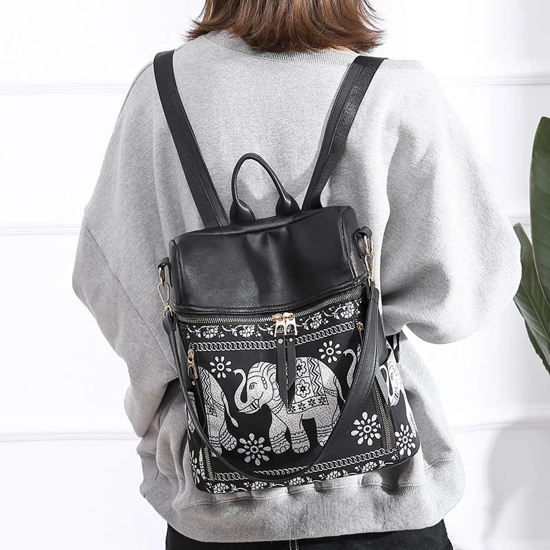 Fashion Anti-theft Women Elephant Print Backpacks Ladies Large Capacity Shoulder Bags Waterproof Oxford and PU School Travel Bag