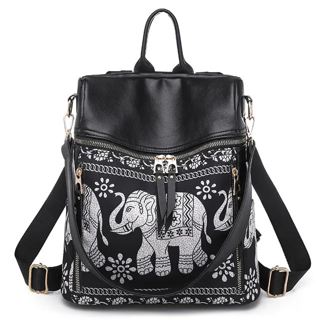 Fashion Anti-theft Women Elephant Print Backpacks Ladies Large Capacity Shoulder Bags Waterproof Oxford and PU School Travel Bag