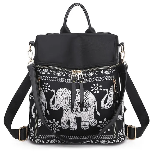 Fashion Anti-theft Women Elephant Print Backpacks Ladies Large Capacity Shoulder Bags Waterproof Oxford and PU School Travel Bag