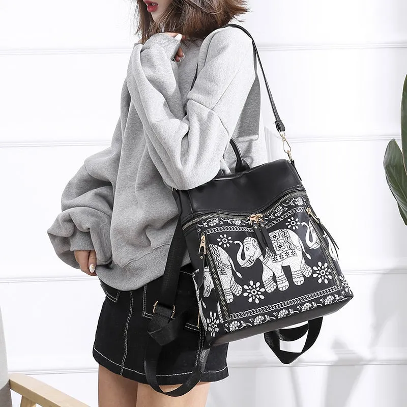 Fashion Anti-theft Women Elephant Print Backpacks Ladies Large Capacity Shoulder Bags Waterproof Oxford and PU School Travel Bag