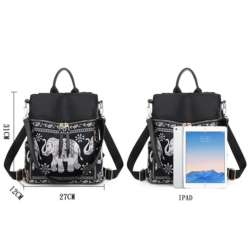 Fashion Anti-theft Women Elephant Print Backpacks Ladies Large Capacity Shoulder Bags Waterproof Oxford and PU School Travel Bag