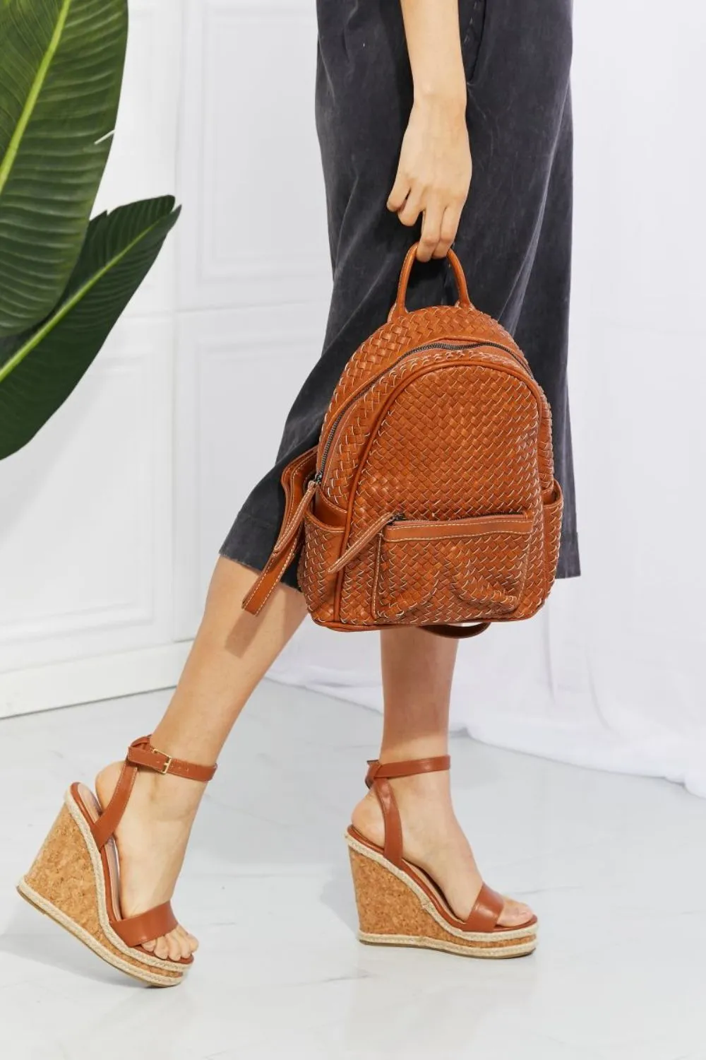 Faux Leather Woven Backpack in Chestnut