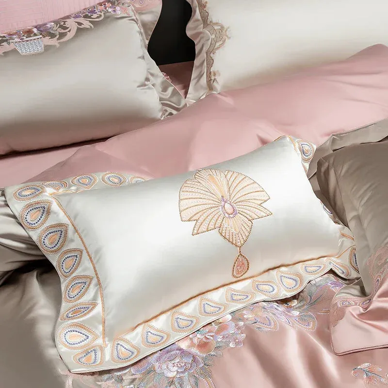 Flytonn-4/6/9Pcs  Gorgeous Flowers Embroidery European Palace Style Bedding Set Brocade Egyptian Cotton Duvet Cover Bed Sheet Pillowcase