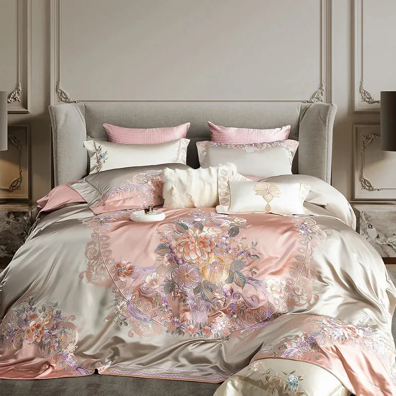 Flytonn-4/6/9Pcs  Gorgeous Flowers Embroidery European Palace Style Bedding Set Brocade Egyptian Cotton Duvet Cover Bed Sheet Pillowcase