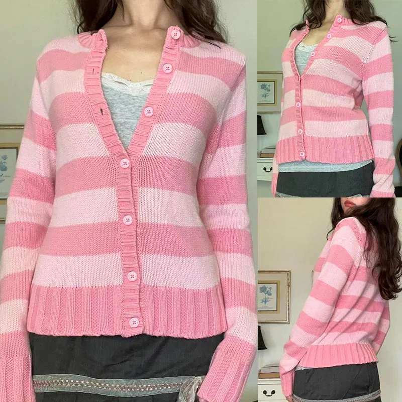 Flytonn-Cute Pink Knit Cardigan Y2k Fairycore Grunge Long Sleeve Stripe Crochet Sweater Korean Kawaii Women Preppy Fall Winter Jumpers