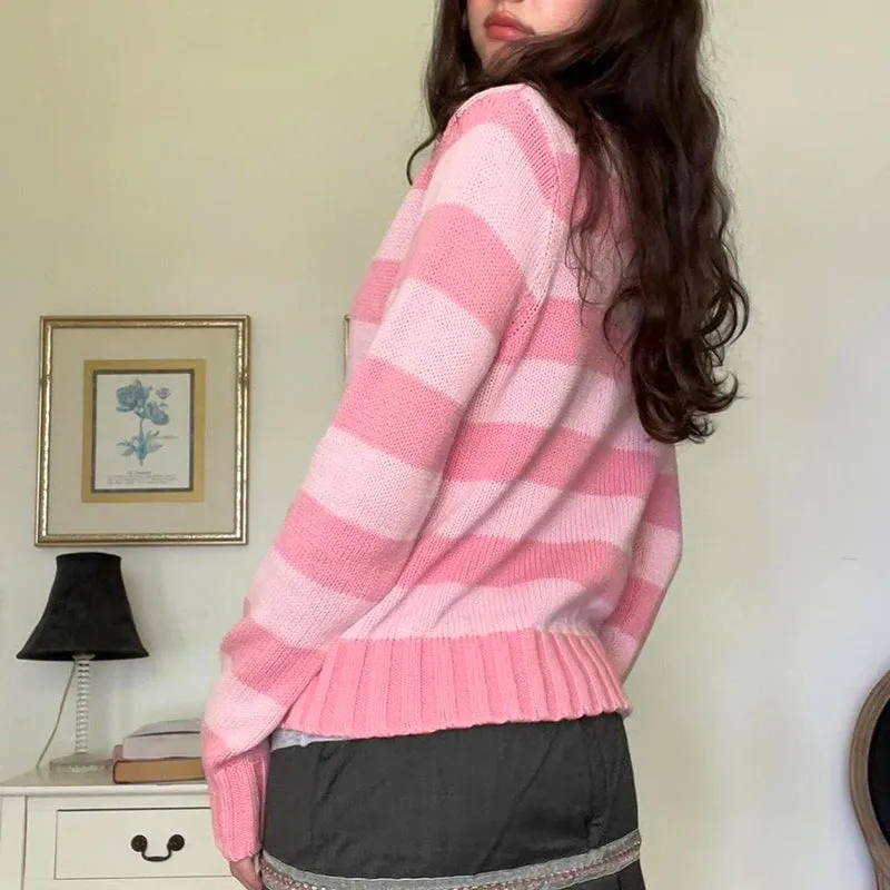 Flytonn-Cute Pink Knit Cardigan Y2k Fairycore Grunge Long Sleeve Stripe Crochet Sweater Korean Kawaii Women Preppy Fall Winter Jumpers