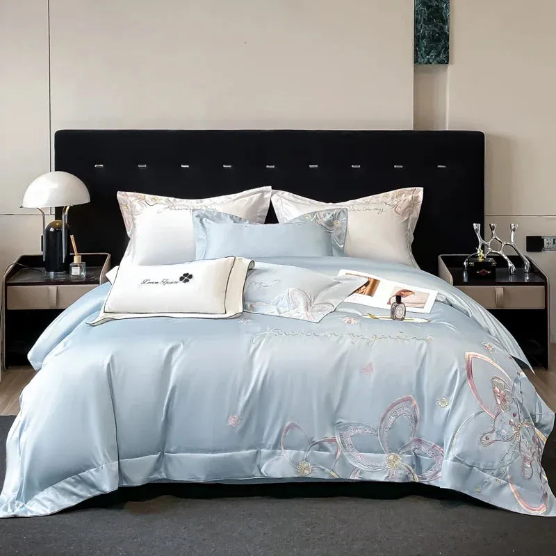 Flytonn-Pure Cotton White Pink Patchwork Bedding Set Luxury Butterfly Flowers Embroidery Queen King Duvet Cover Set Bed Sheet Pillowcase