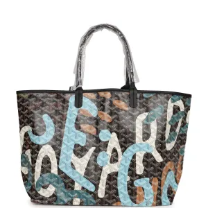 Goyard Limited Edition Black Goyardine Canvas Blue Camou Lettres flage St. Louis PM Tote Bag Palladium Hardware