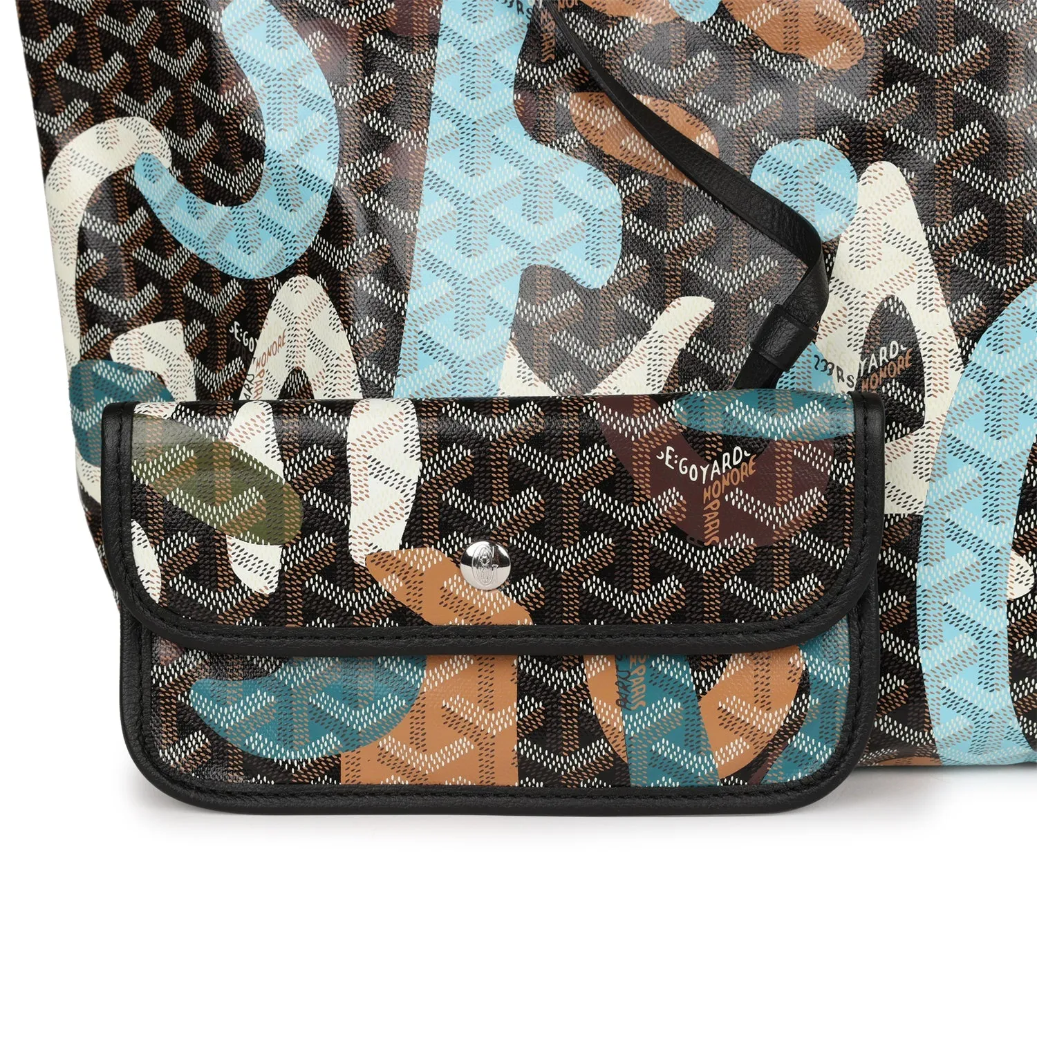 Goyard Limited Edition Black Goyardine Canvas Blue Lettres Camouflage St. Louis PM Tote Bag Palladium Hardware