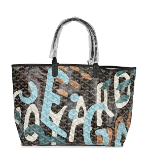 Goyard Limited Edition Black Goyardine Canvas Blue Lettres Camouflage St. Louis PM Tote Bag Palladium Hardware