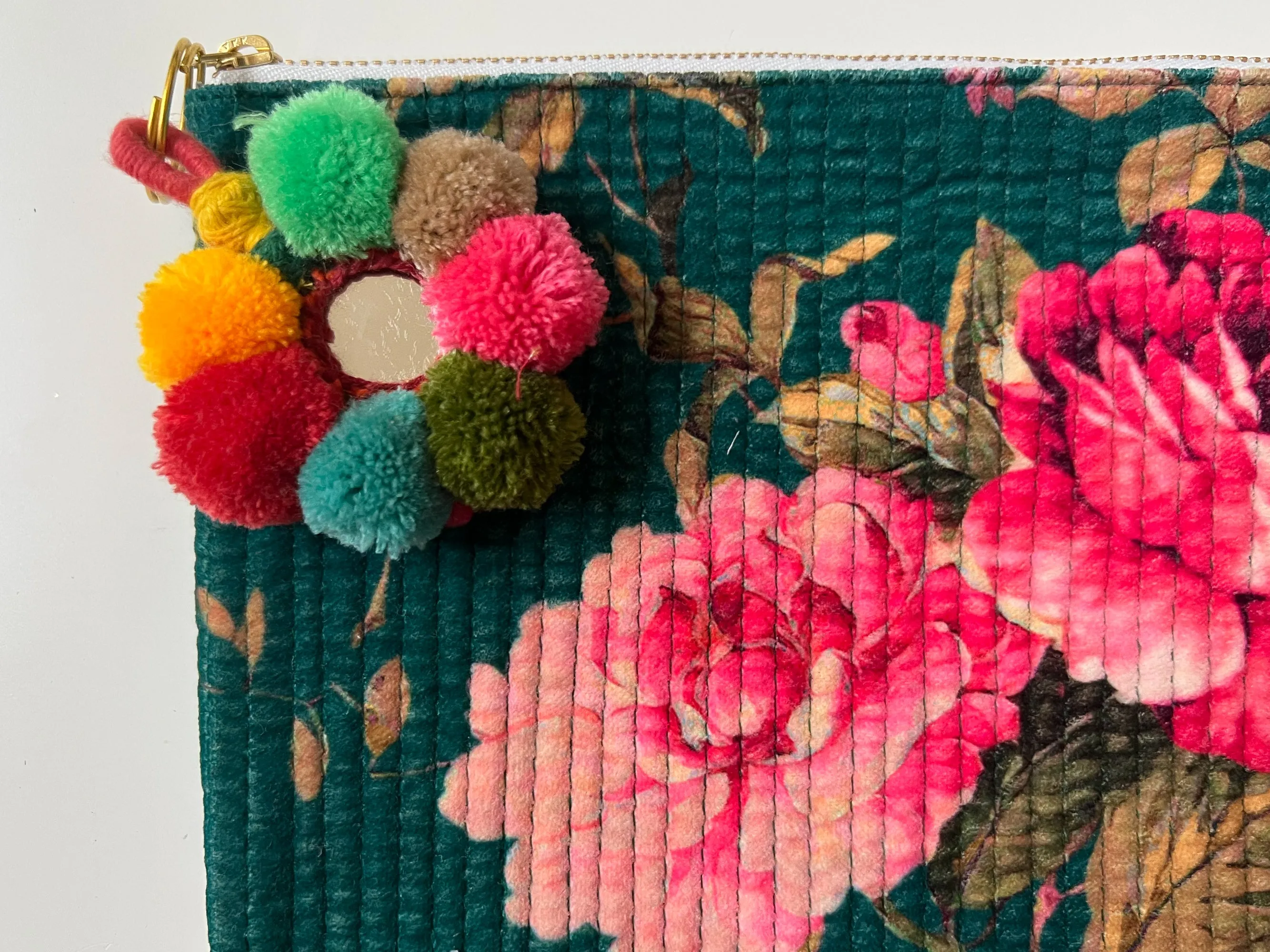 Green with pink floral velvet pouch
