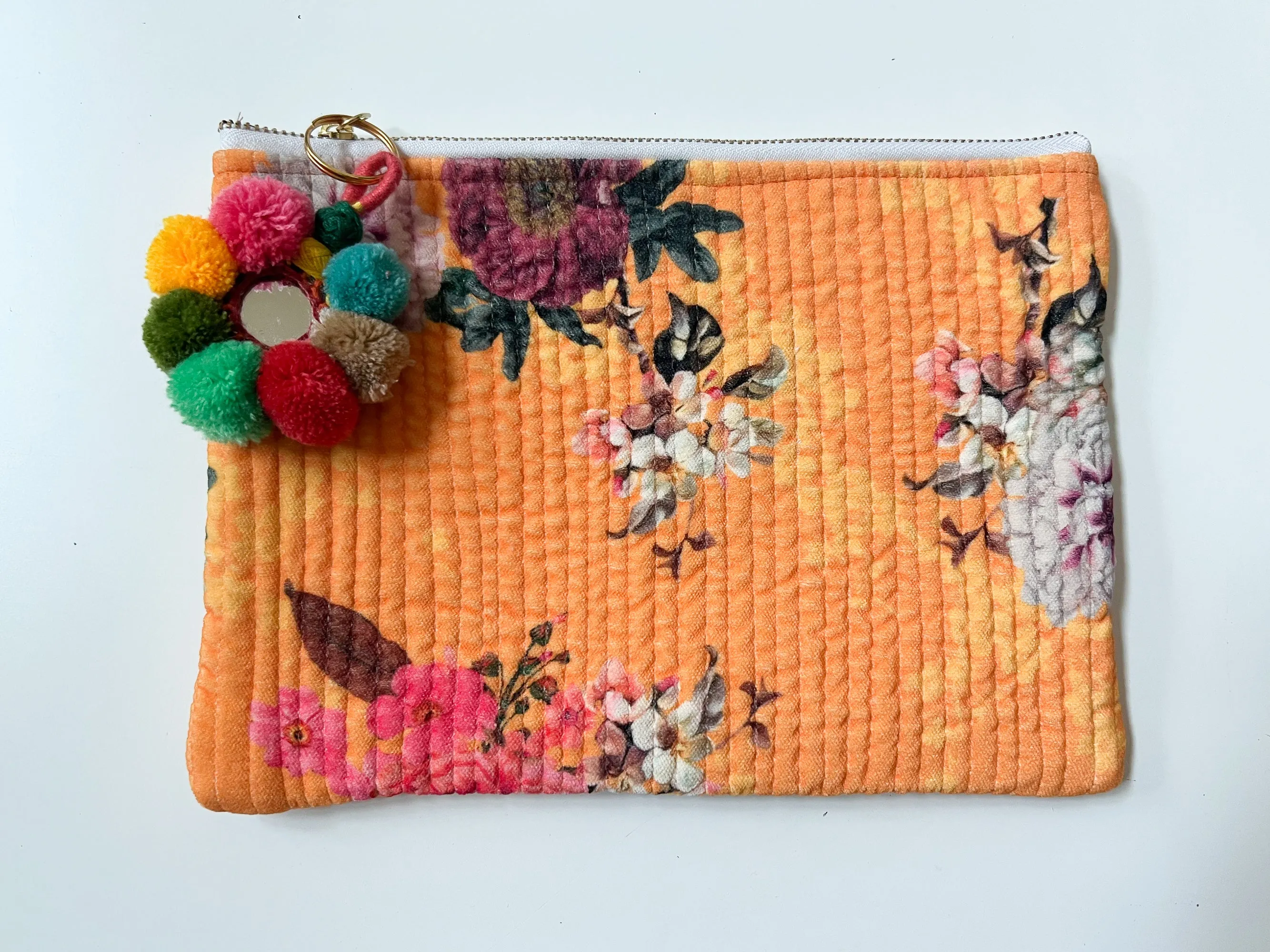 Green with pink floral velvet pouch