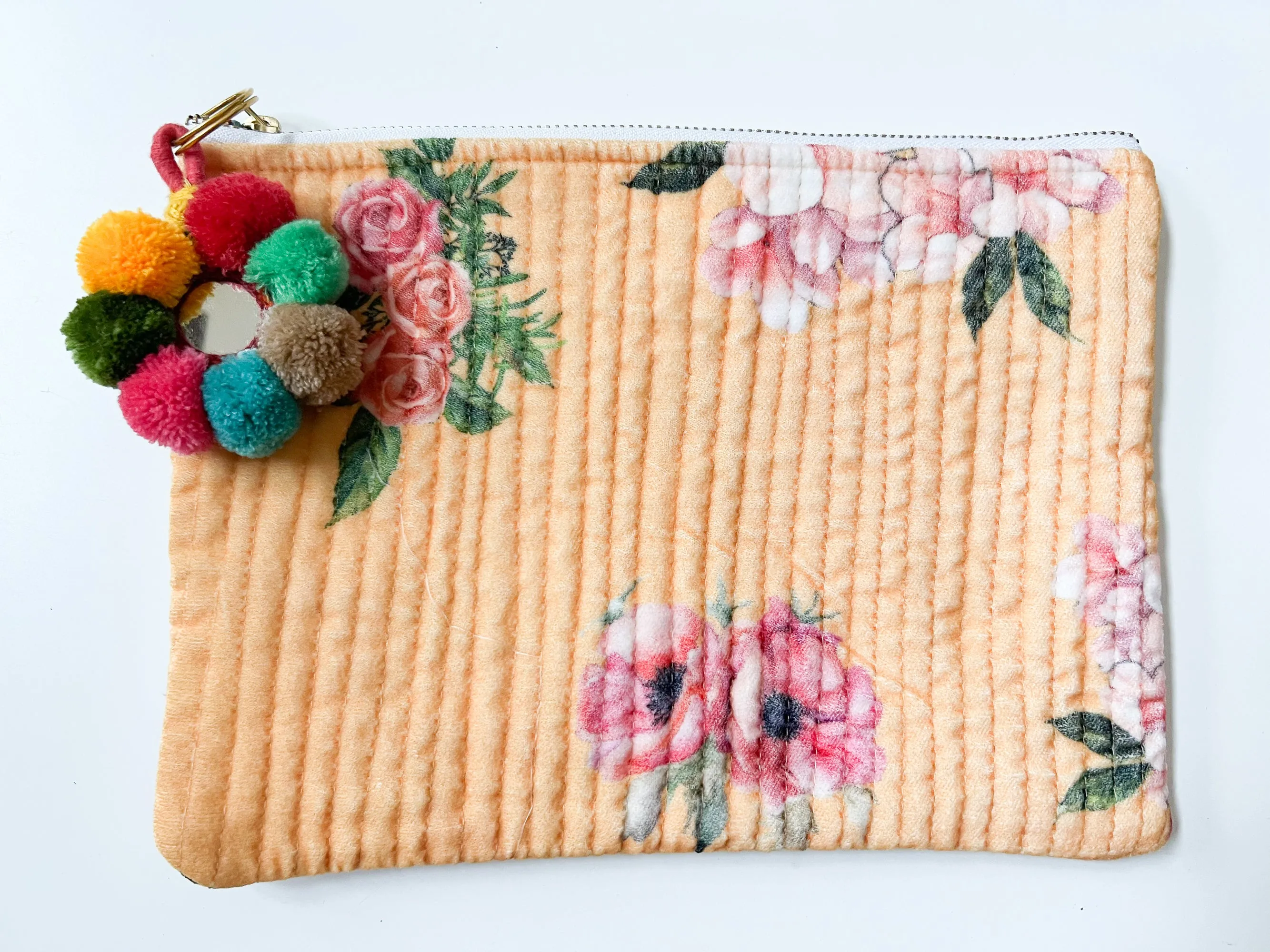 Green with pink floral velvet pouch