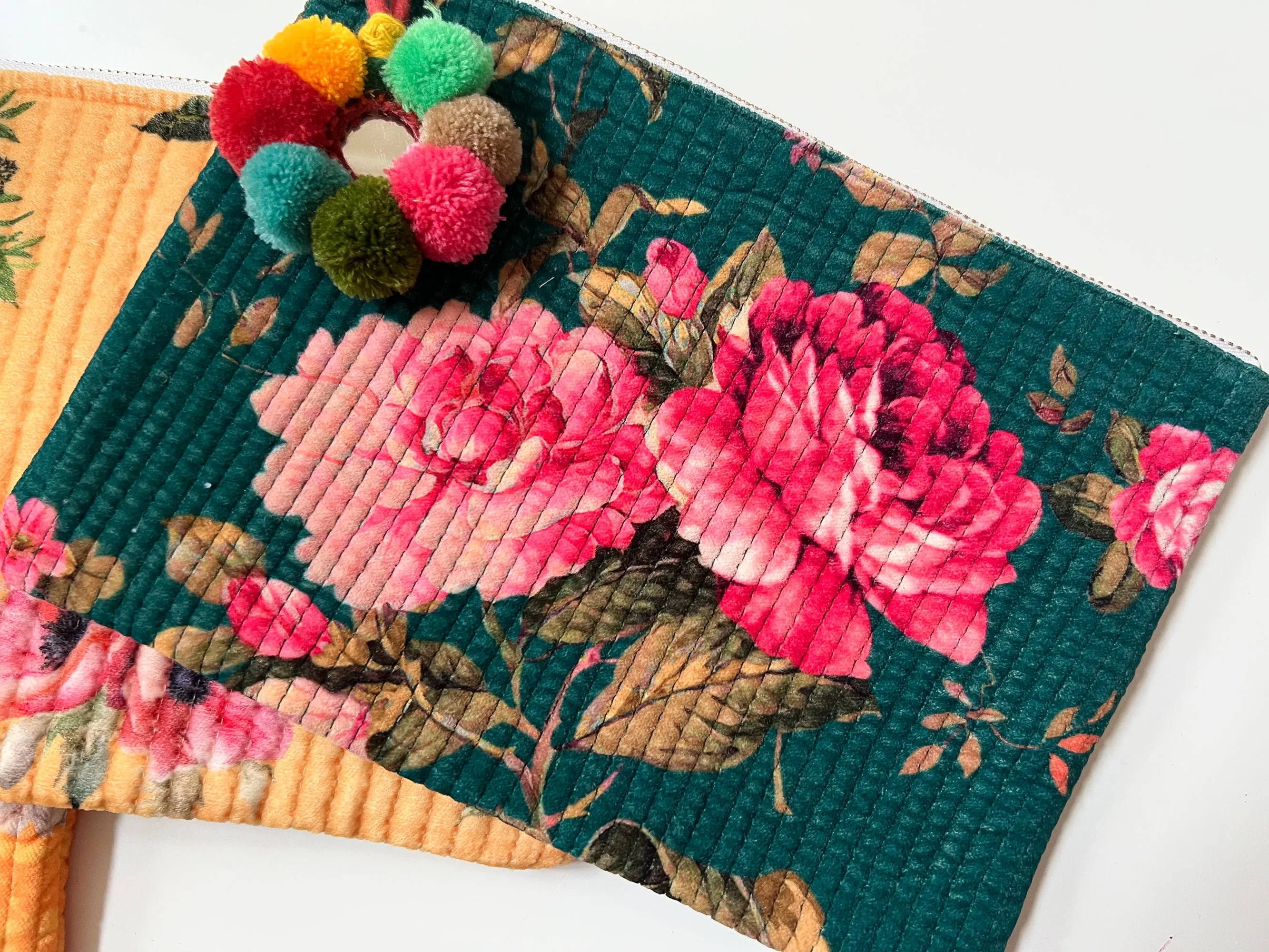 Green with pink floral velvet pouch