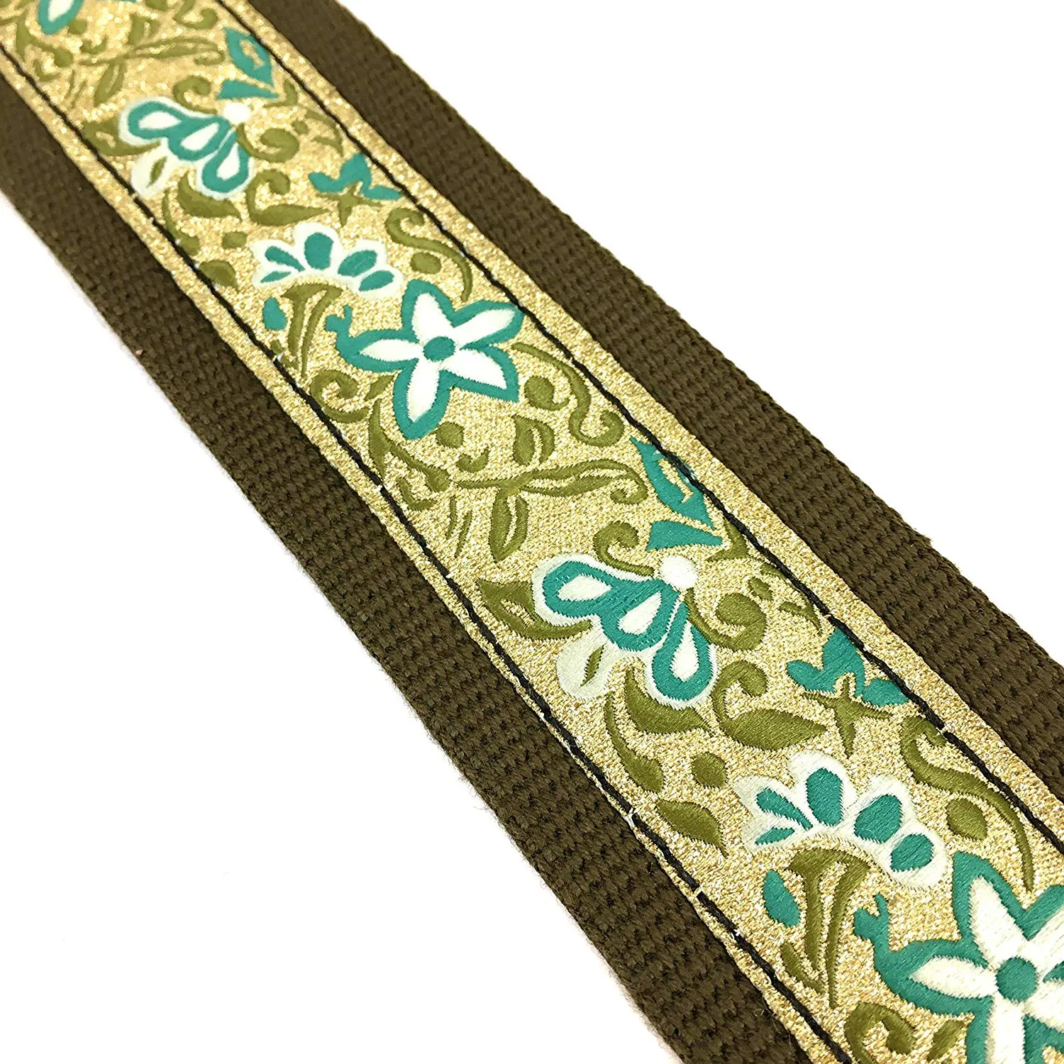 Handmade 60's Style Floral Hippy Hemp Guitar Strap by VTAR, Made with Vegan Leather. For Acoustic, Bass and Electric
