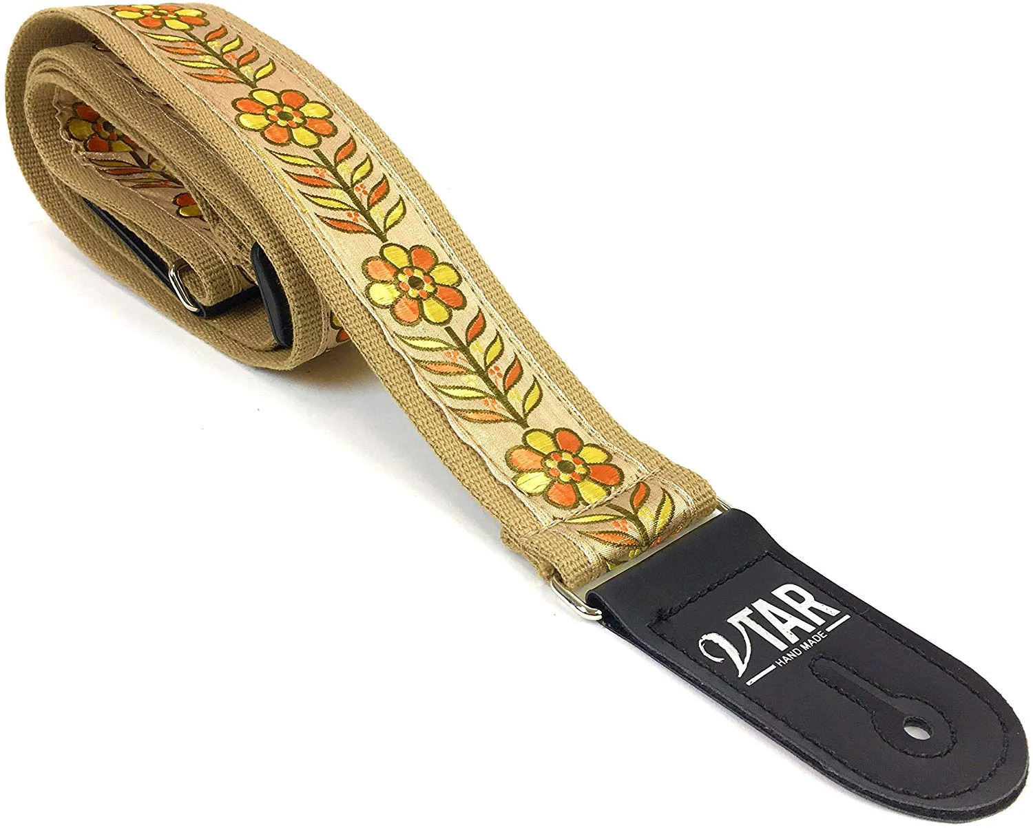 Handmade 60's Style Floral Hippy Hemp Guitar Strap by VTAR, Made with Vegan Leather. For Acoustic, Bass and Electric