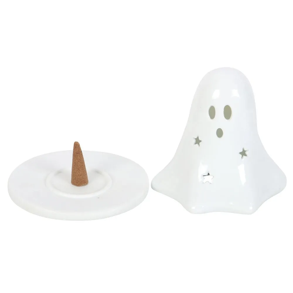 Hey Boo Ghost Ceramic Incense Cone Holder and Tealight Holder
