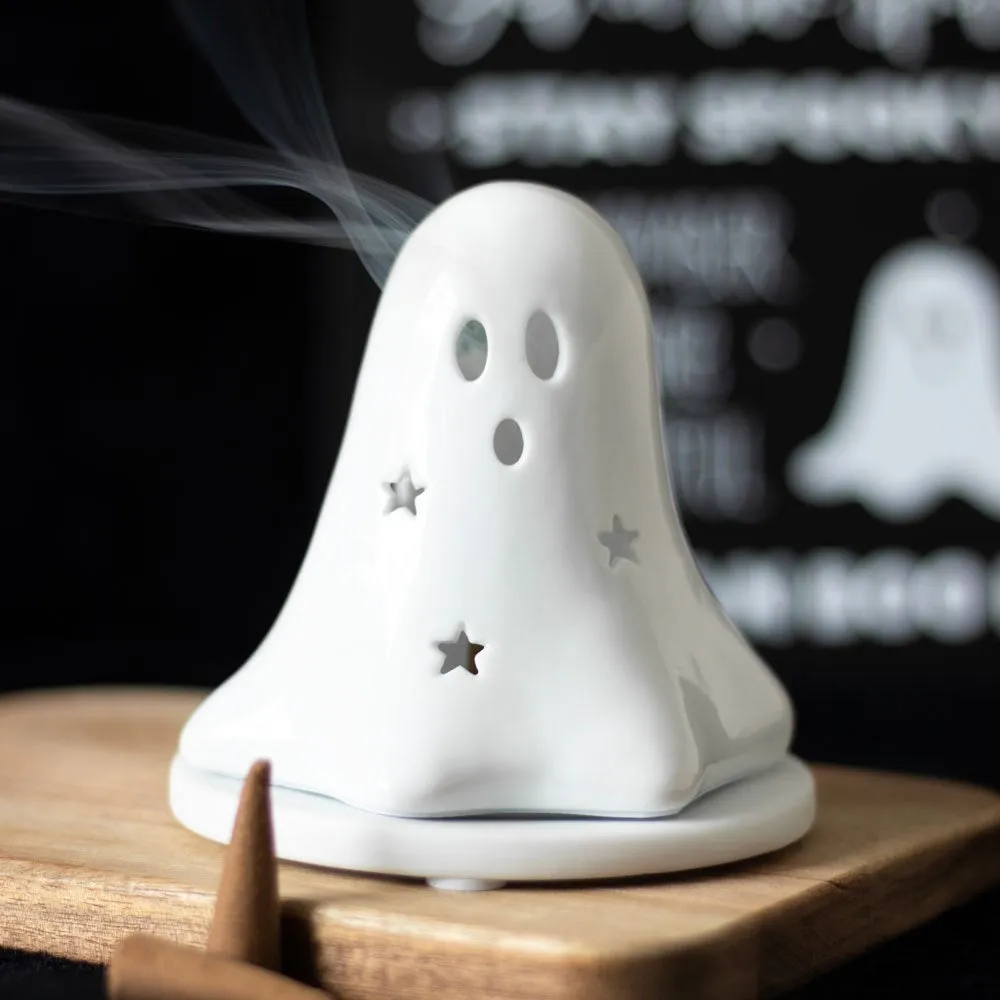Hey Boo Ghost Ceramic Incense Cone Holder and Tealight Holder