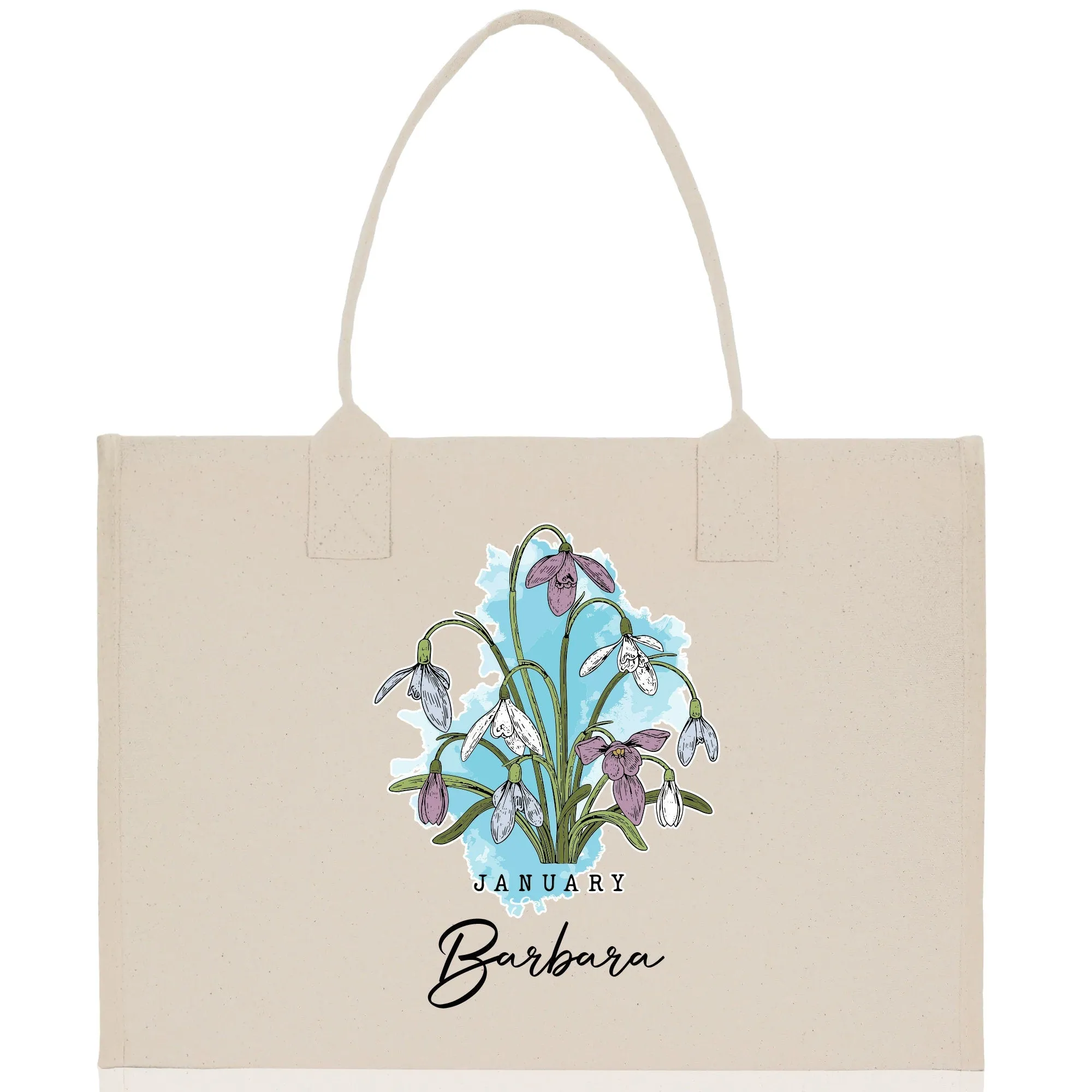 January Birth Month Flower Personalized Name Cotton Canvas Tote Bag Custom Flower Birthday Gift Bag Wedding Gift for Her Bridal Bridesmaid