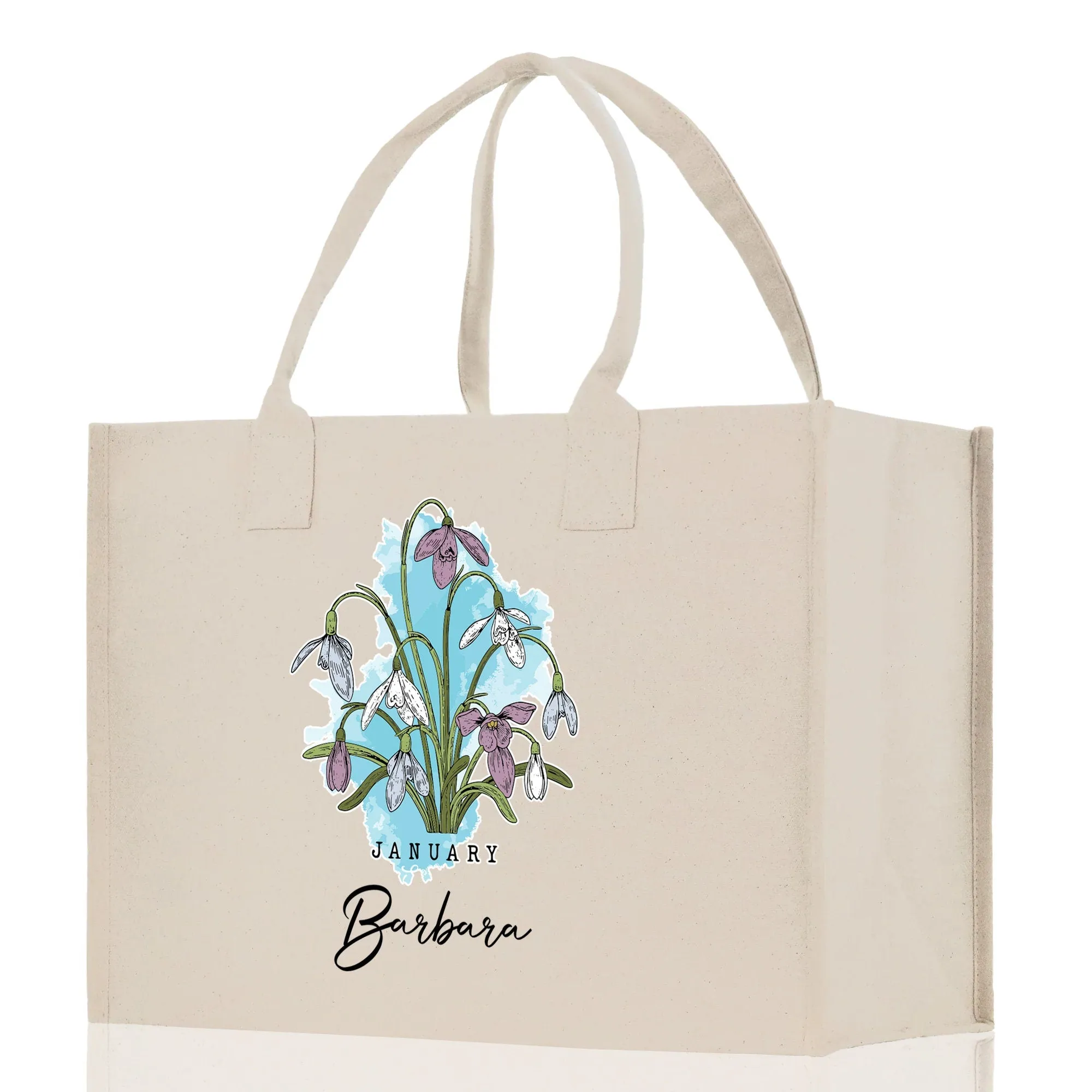 January Birth Month Flower Personalized Name Cotton Canvas Tote Bag Custom Flower Birthday Gift Bag Wedding Gift for Her Bridal Bridesmaid