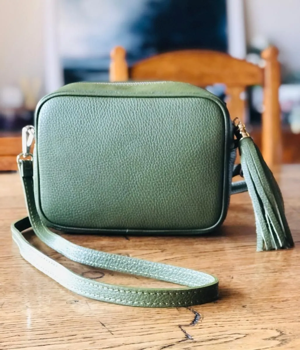 Khaki Leather Tassel Camera Bag