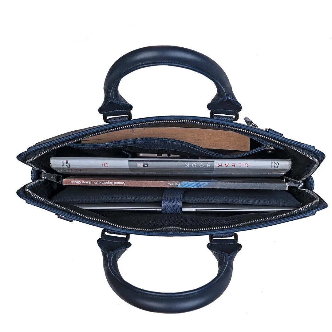 Leather Laptop / Office Bag for Women | 100% Genuine Saffiano Leather | Gold Finish Chains | Blue