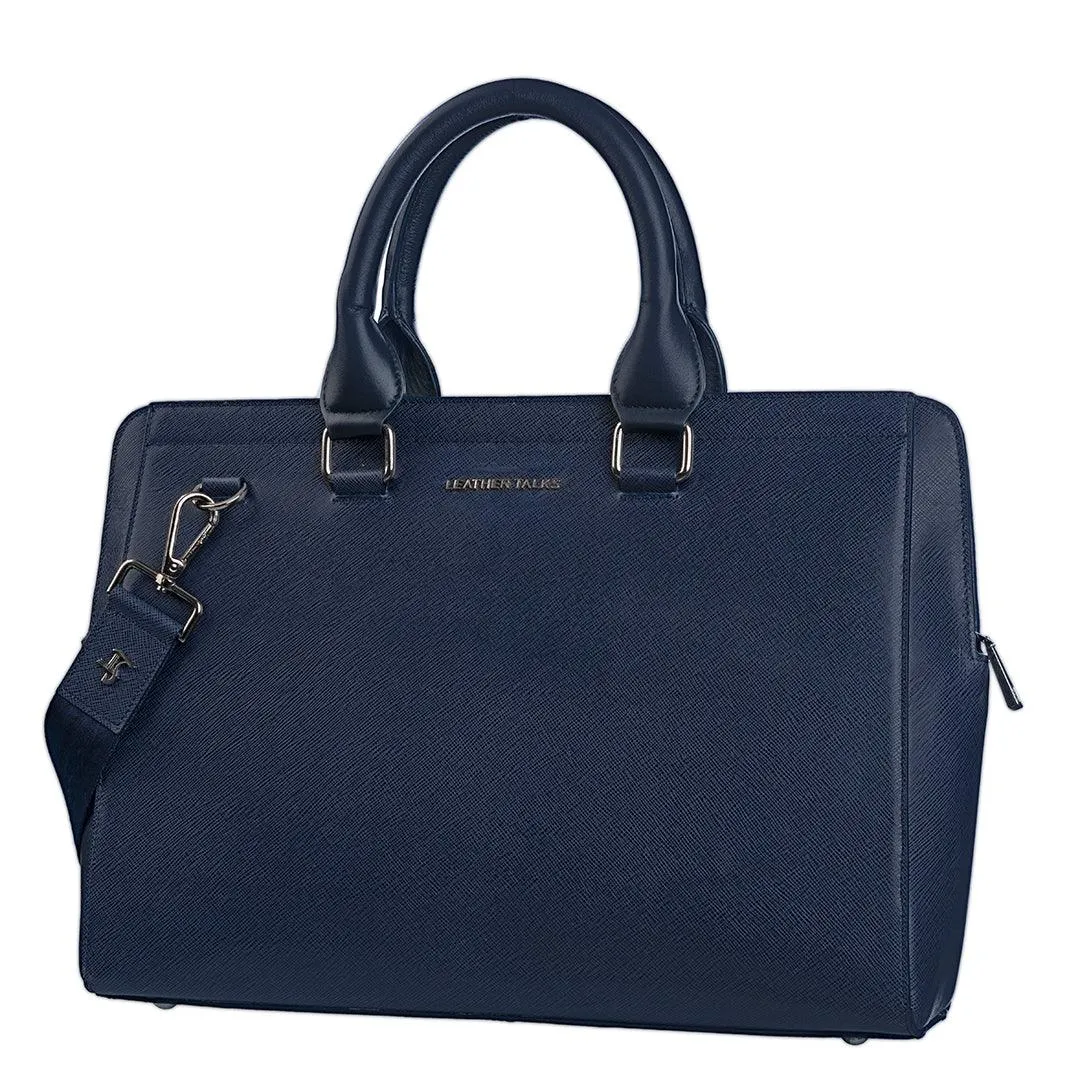 Leather Laptop / Office Bag for Women | 100% Genuine Saffiano Leather | Gold Finish Chains | Blue