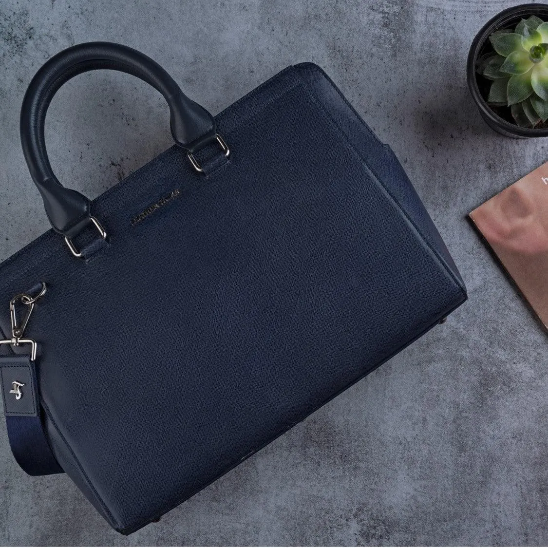 Leather Laptop / Office Bag for Women | 100% Genuine Saffiano Leather | Gold Finish Chains | Blue