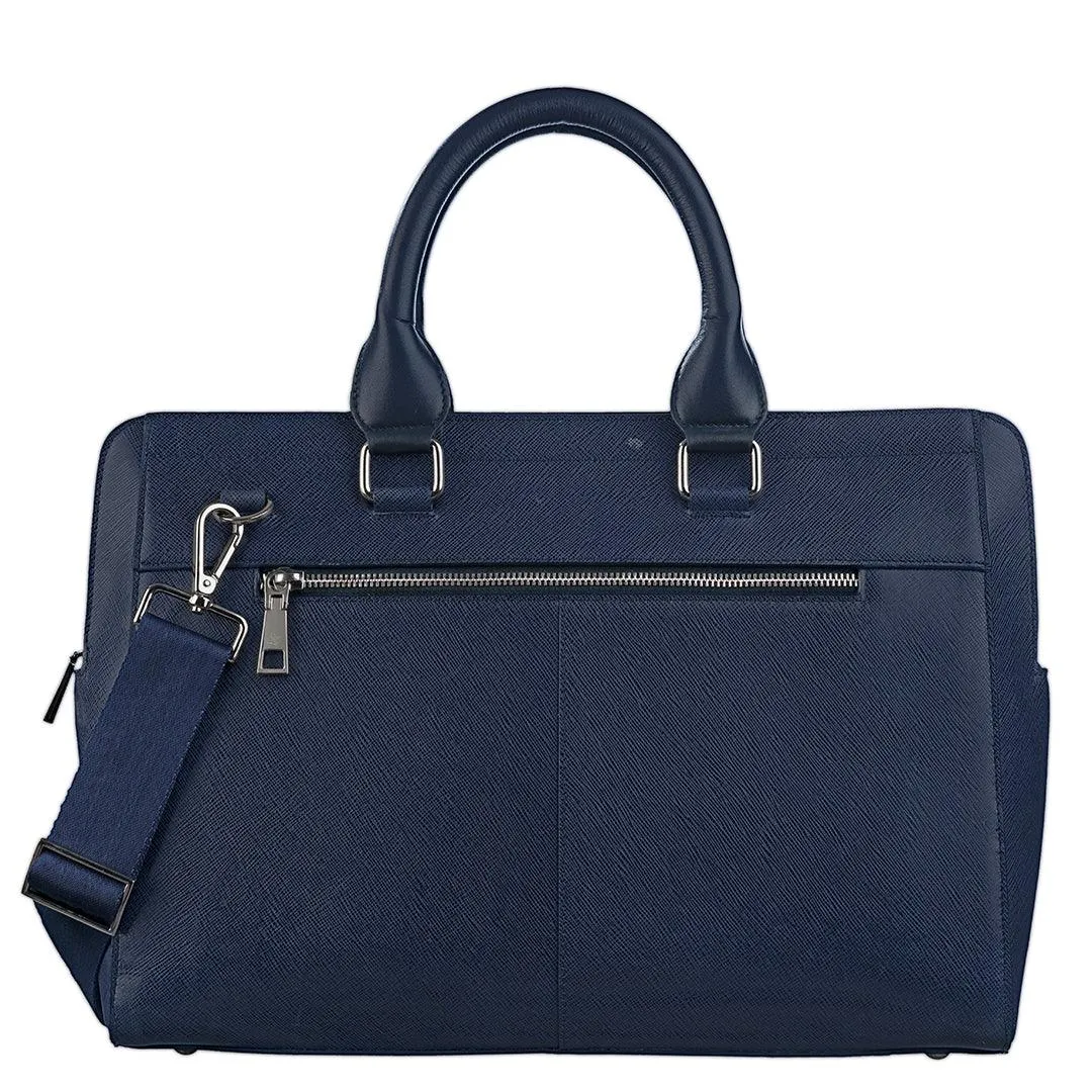 Leather Laptop / Office Bag for Women | 100% Genuine Saffiano Leather | Gold Finish Chains | Blue